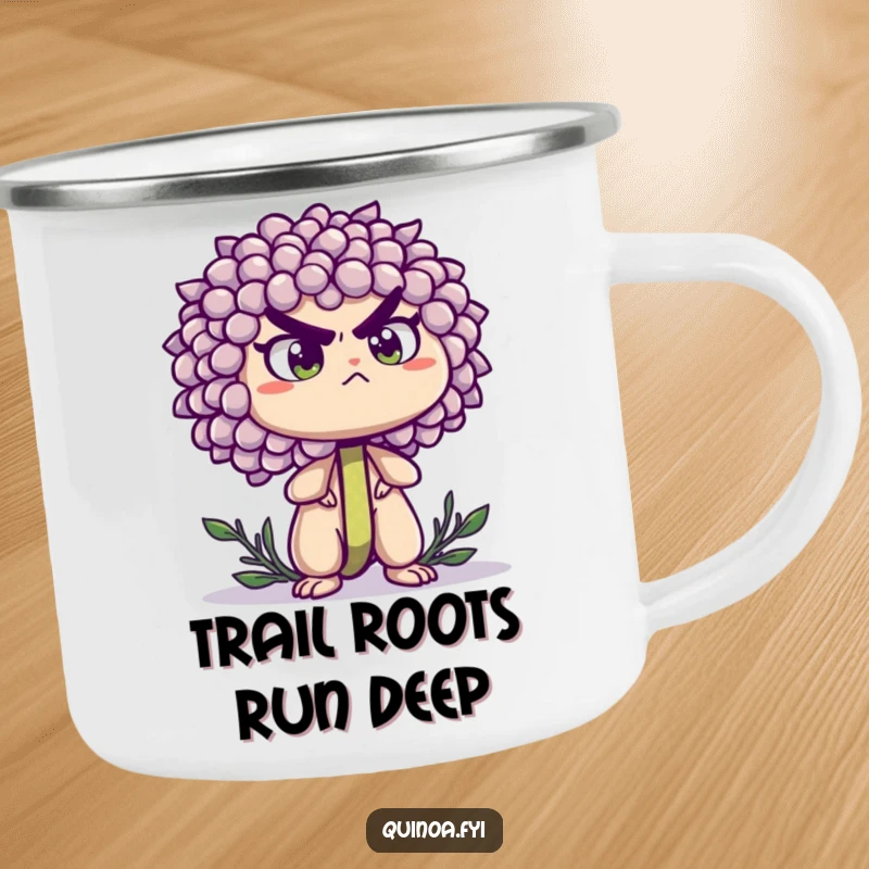 Funny camping mug with a determined quinoa sprout standing tall with a resolute expression, ready for challenges in the wild.