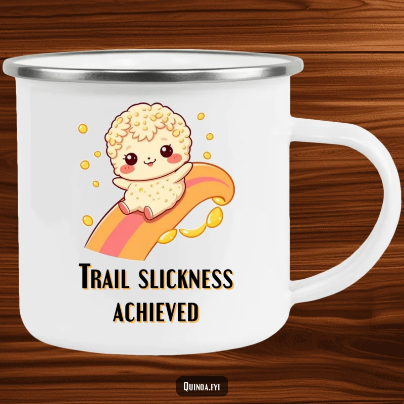 Funny quinoa character sliding down a rainbow made of oil on a durable camping mug, ideal for outdoor humor.