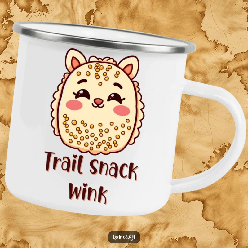 Funny quinoa bar camping mug where a cheerful bar with smiling eyes playfully winks outdoors.