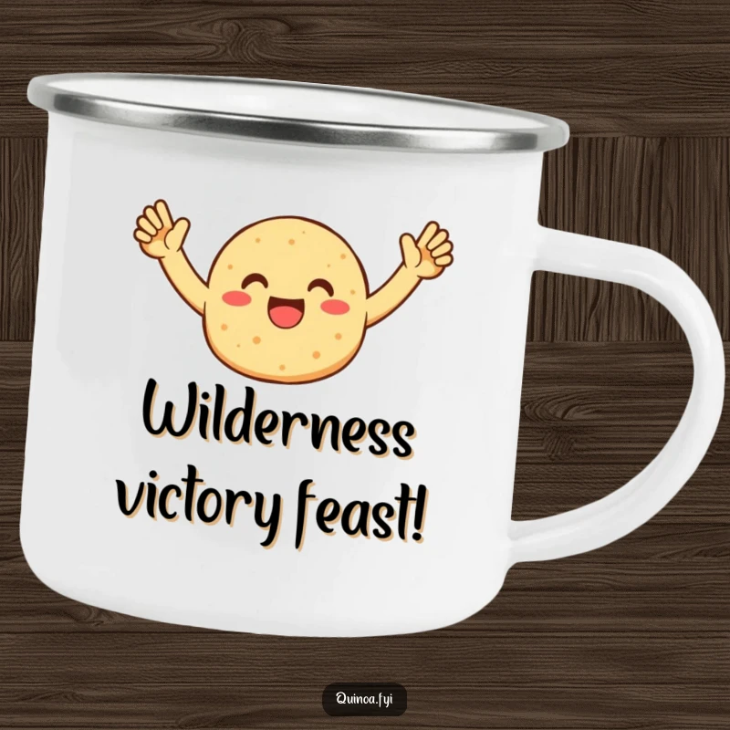 Funny camping mug featuring an enthusiastic quinoa patty character celebrating, designed for outdoor adventures and cheerful sipping.