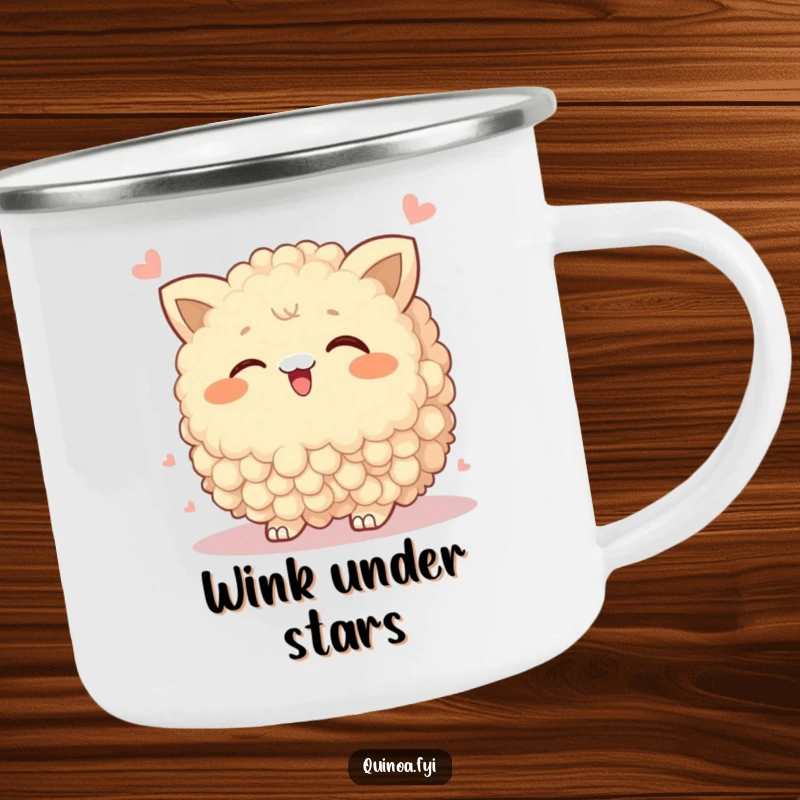 Funny Camping Mug with a wobbly quinoa cluster winking playfully, perfect for bringing humor to outdoor adventures.