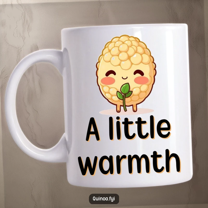 Funny mug featuring a blushing quinoa character shyly offering a tiny, green sprout.