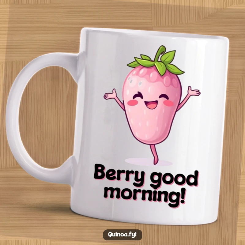 Funny Mug: A cheerful, anthropomorphic berry with a wide grin gracefully executes a perfect pirouette, full of fruity fun.