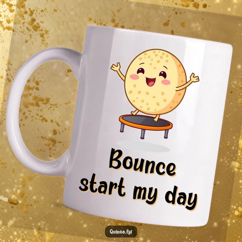 Funny smiling, round grain of quinoa bouncing excitedly on a tiny trampoline on a mug, celebrating healthy eating with cheer.