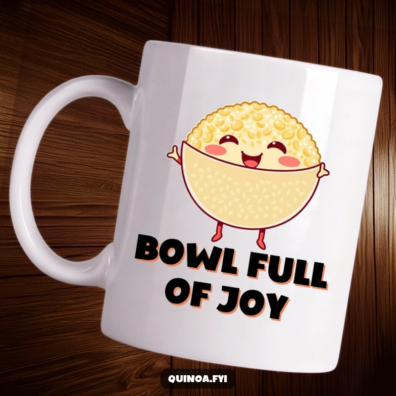 Funny Quinoa Mug: Smiling quinoa bowl with tiny legs performs a joyful happy dance, radiating healthy food fun.