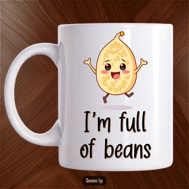 Funny quinoa seed character mug, energetically bouncing with a cheerful smile, embodying fun and a lively start to the day.