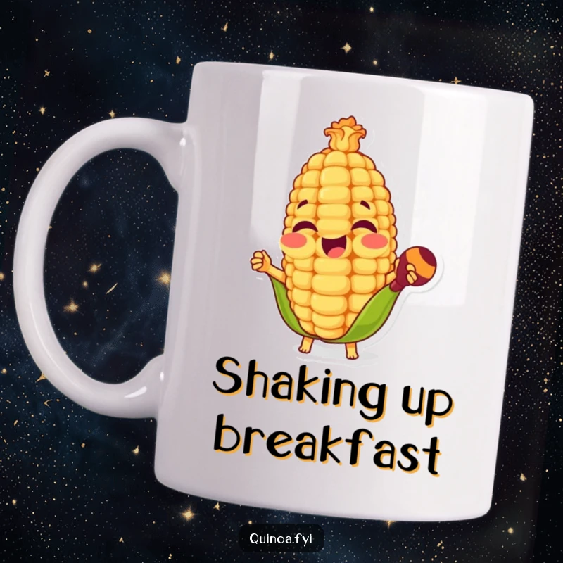 Funny mug with a happy anthropomorphic corn kernel joyfully playing maracas, radiating festive energy and a love for music.