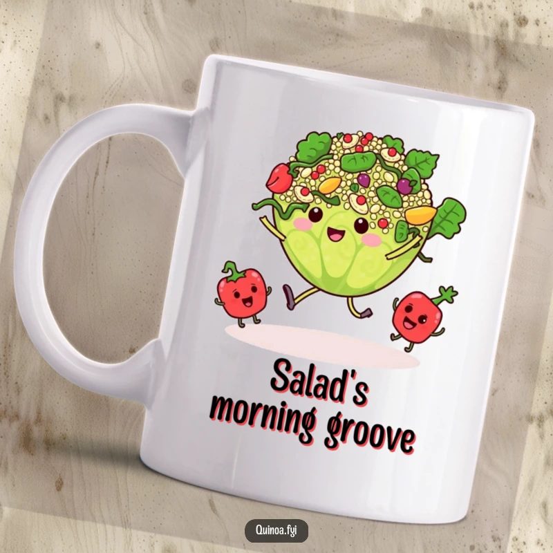 Funny mug depicts a quinoa salad center stage, with tiny dancing carrots, broccoli, and tomatoes around it.