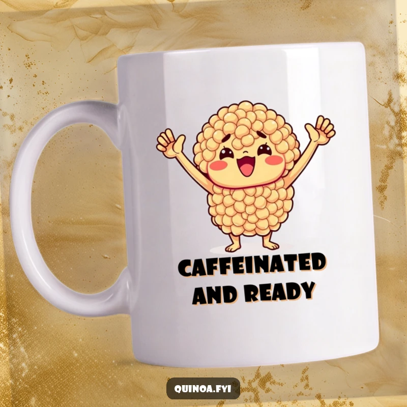 Funny Quinoa Mug: Cheerful quinoa cluster with determined expression and raised arms signifies motivation and healthy triumph.
