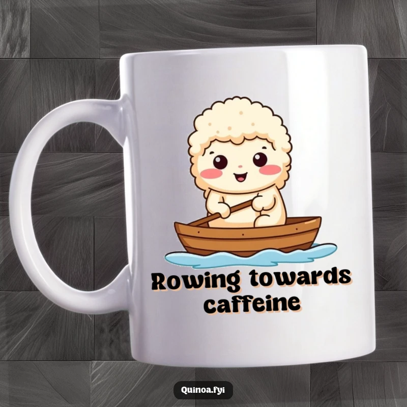 Funny mug showing a determined quinoa character confidently rowing a small boat with a smile.
