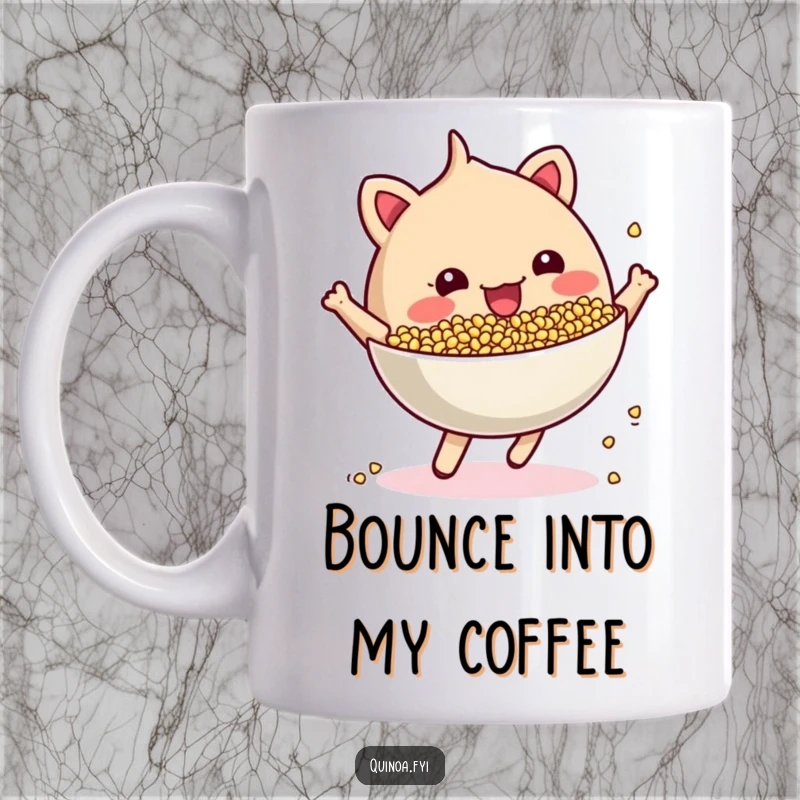 Funny cheerful, anthropomorphic quinoa bowl bouncing energetically, radiating pure joy and readiness for action in a delightful design.