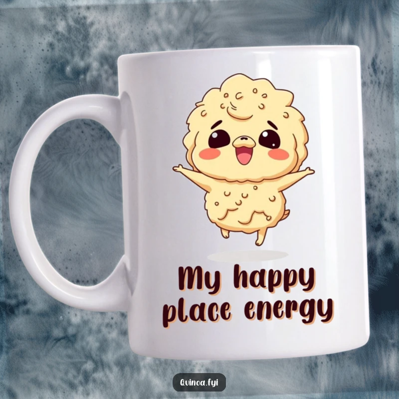 Funny mug featuring a giggling quinoa character bouncing with pure joy and excitement, spreading happiness.