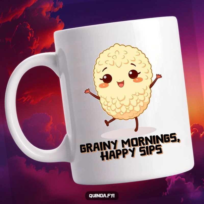 Funny mug art of a joyful quinoa grain with tiny legs happily performing a little jig, radiating pure delight.