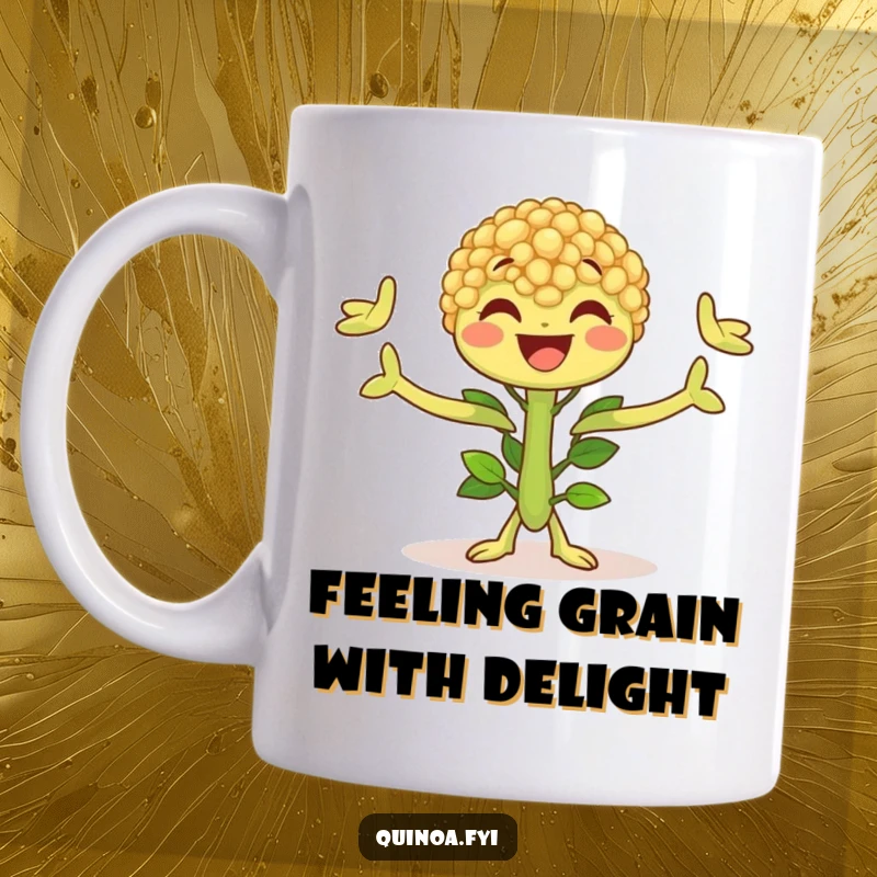 Funny Quinoa Plant Mug featuring a character with leafy arms outstretched in pure joy, spreading happiness and good vibes.
