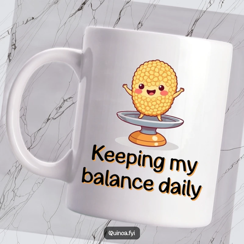 Funny Quinoa Mug: A happy quinoa grain character precariously balancing itself on a small, spinning plate with a cheerful expression.