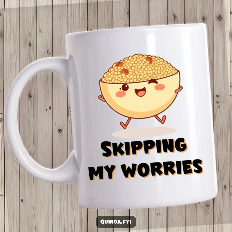 Funny anthropomorphic bowl of quinoa with tiny legs joyfully skipping, celebrating nutritious food humor.