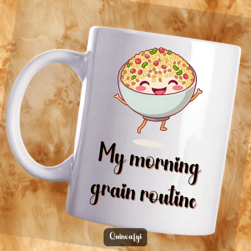 Funny quinoa mug with a grinning bowl doing a silly dance, showcasing its stubby noodle legs with pure joy, a delightful food-themed gift.