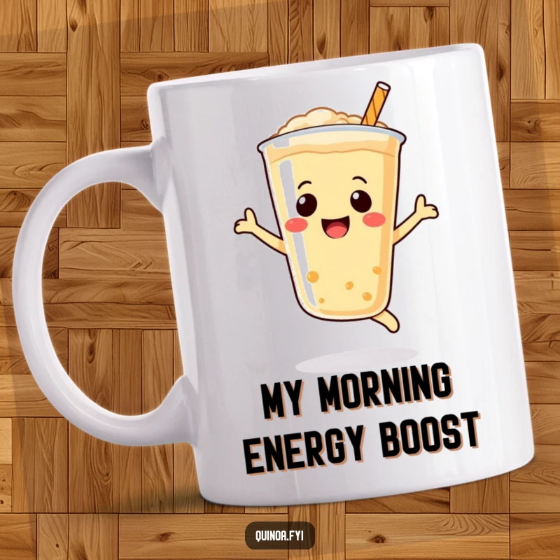 Funny Quinoa Drink Smiley Face Mug, a joyful bubbly beverage leaping with happiness, perfect for a funny gift.