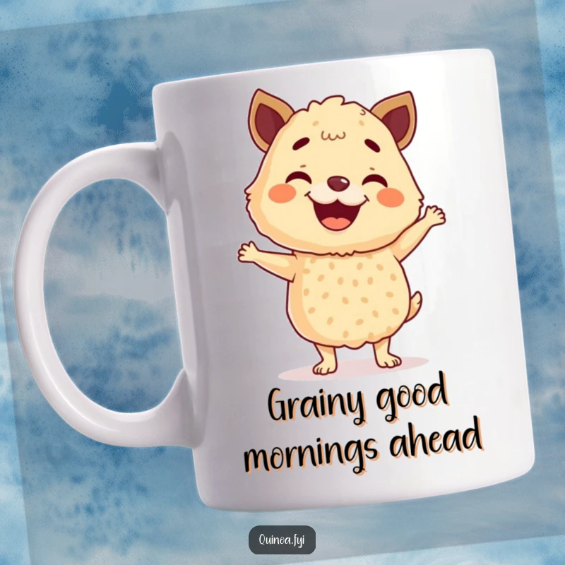 Funny Quinoa Mug showing a grinning anthropomorphic quinoa blend performing a lively happy dance, full of culinary celebration and joy.