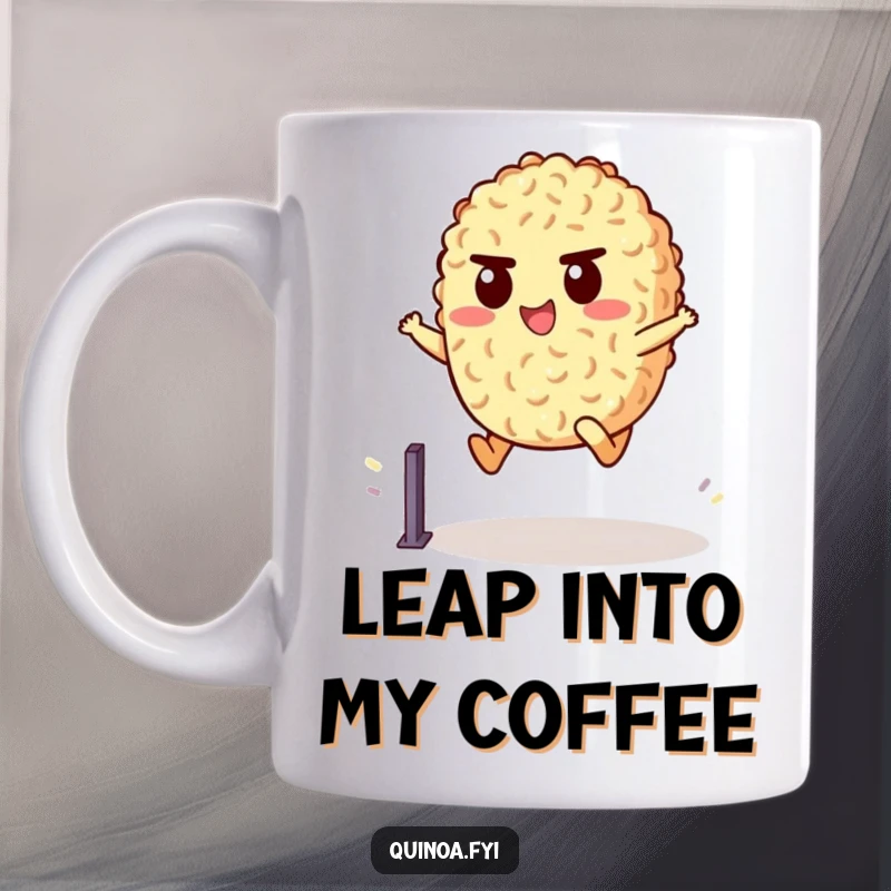 Funny Mug featuring a cheerful quinoa character with a determined expression leaping over a small hurdle, symbolizing overcoming challenges.