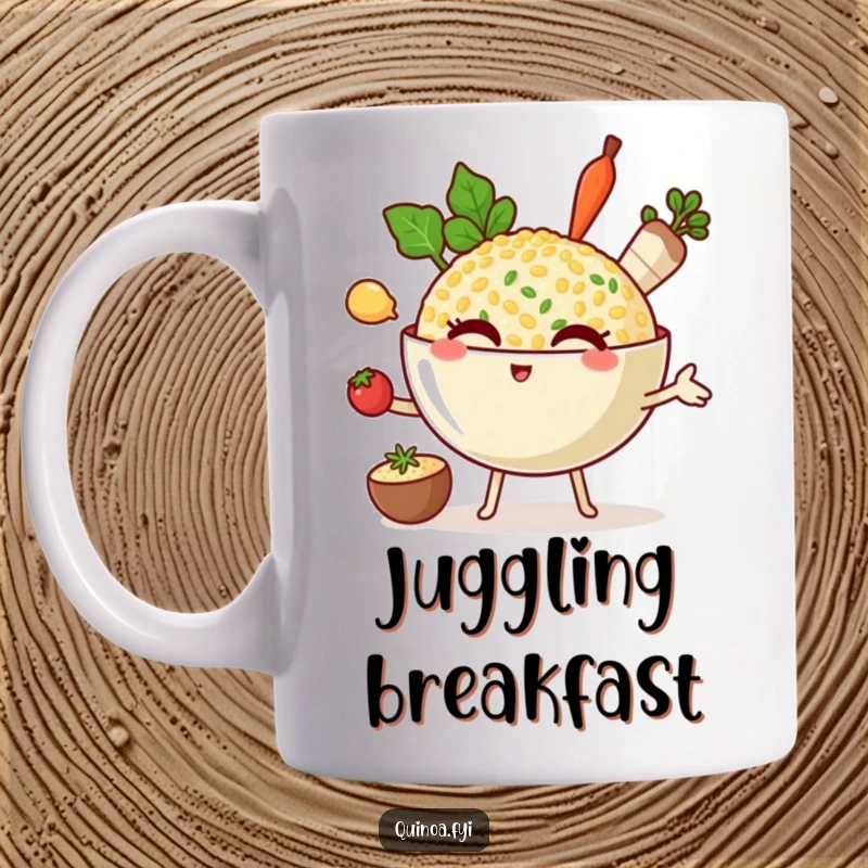 Funny mug showing a winking quinoa bowl character skillfully juggling three small cooking ingredients, showcasing kitchen multitasking humor.