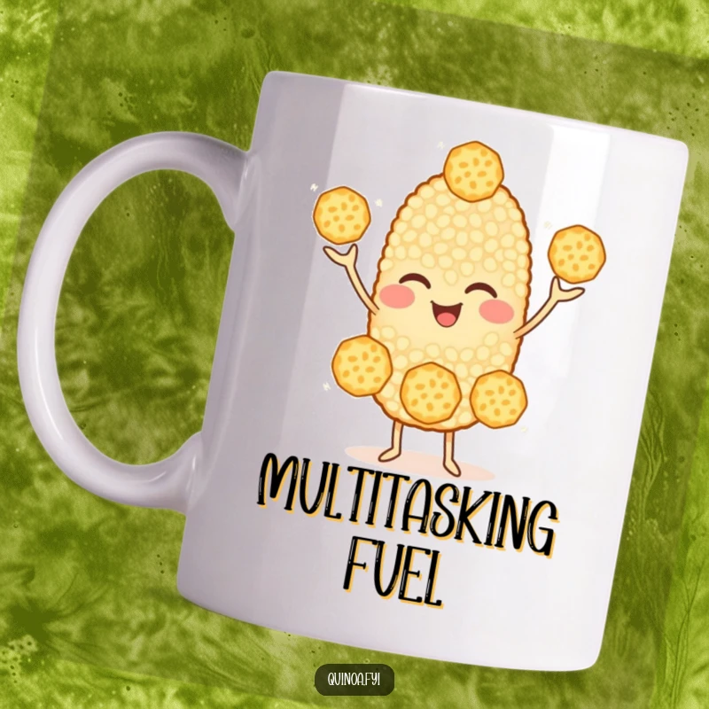 Funny Quinoa Mug: A cheerful quinoa character skillfully juggling three smaller quinoa grains while giving a playful wink.