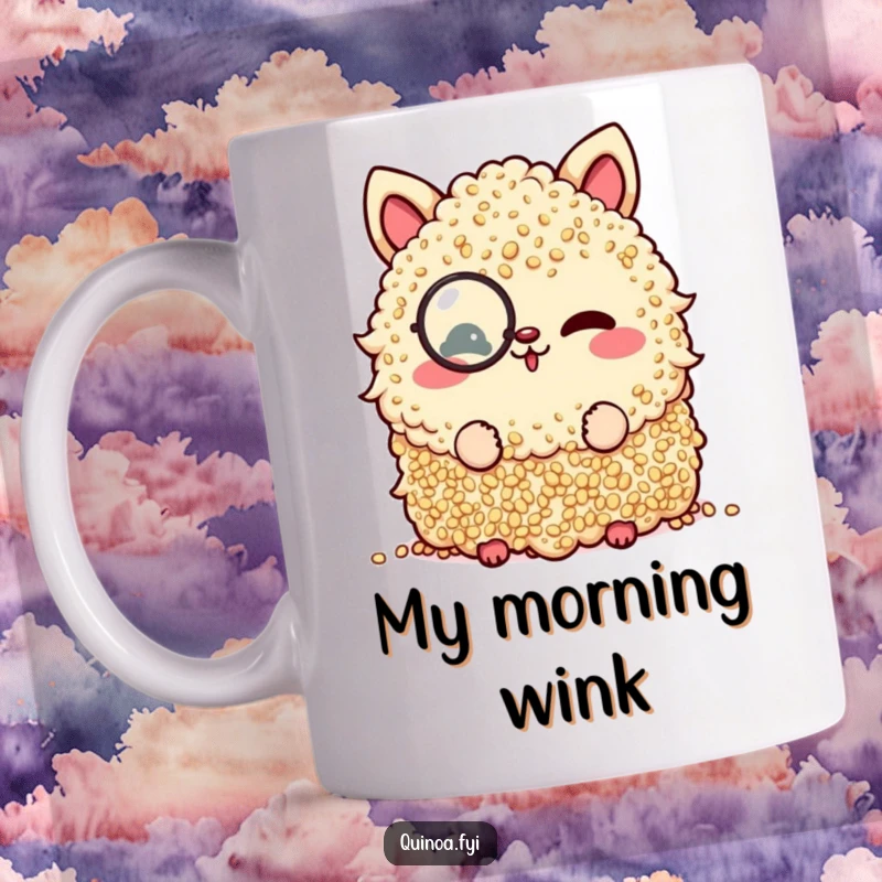 Funny mug featuring a happy pile of quinoa wearing a monocle, playfully winking with charm.
