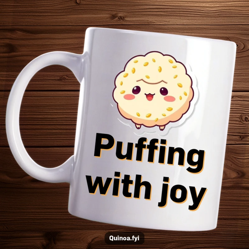 Funny quinoa puff character mug, floating playfully with a mischievous grin, embodying lighthearted fun and a hint of mischief.