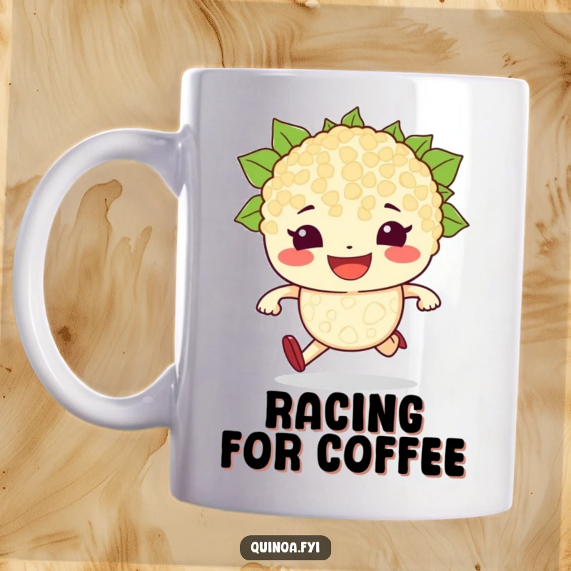 Funny mug showing a determined quinoa grain character with a wide grin, poised at the starting line, ready for a race.
