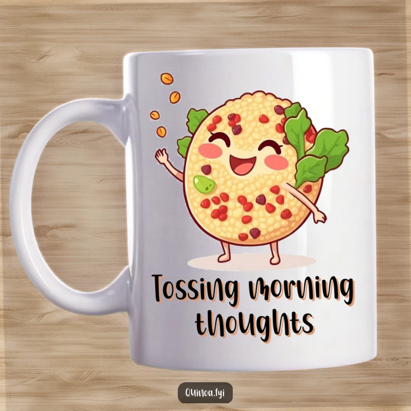 Funny smiling, anthropomorphic quinoa salad tossing a tiny grain, playfully engaging with its ingredients in a cheerful culinary moment.