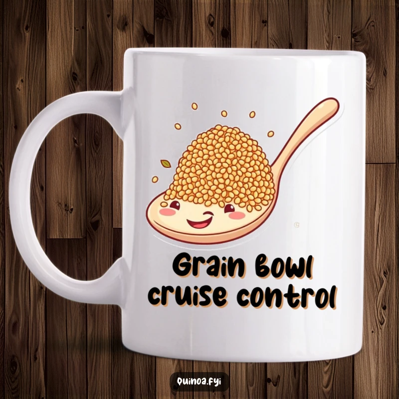 Funny mug featuring smiling quinoa grains joyfully riding a giant spoon, symbolizing a culinary adventure.