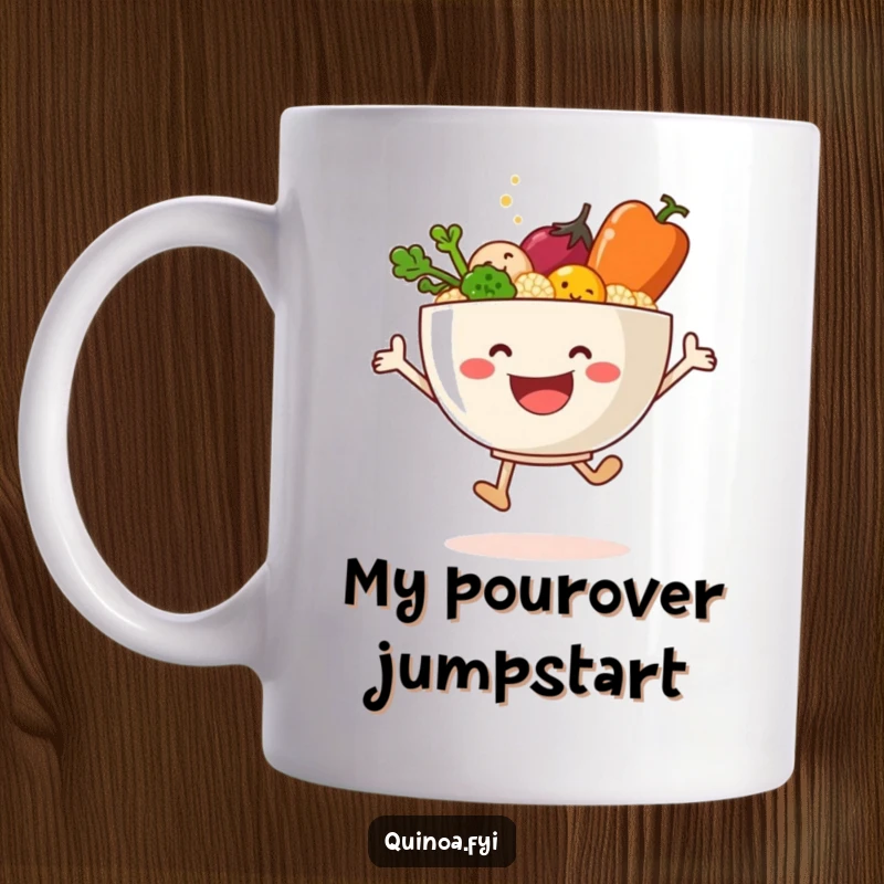 Funny mug showing a smiling bowl of quinoa and veggies joyfully leaping together, celebrating health.