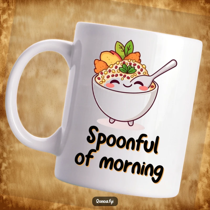 Funny mug featuring a smiling quinoa bowl character with a spoon dipping playfully, celebrating delicious food humor.