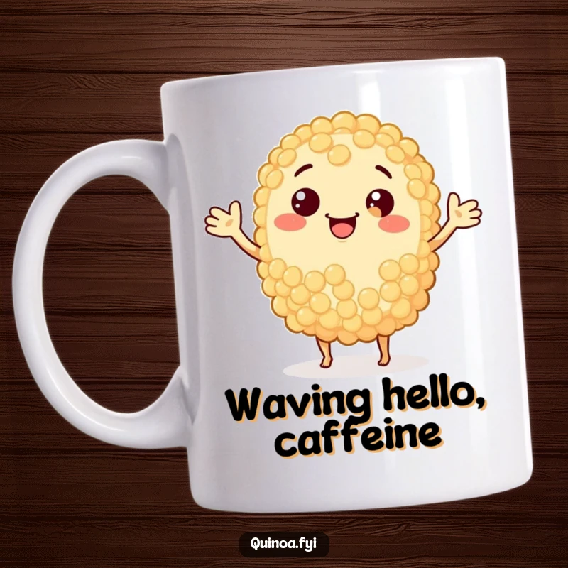 Funny smiling anthropomorphic quinoa grain with arms waving enthusiastically, a cheerful food character.