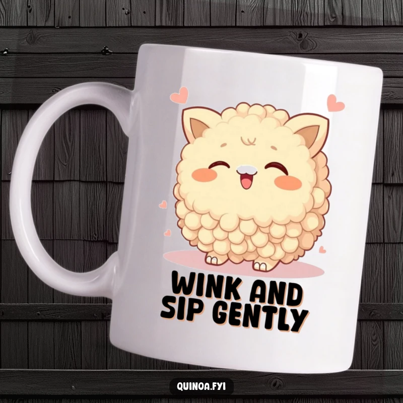 Funny Mug featuring a wobbly quinoa cluster winking playfully, radiating cheeky humor and lighthearted fun.