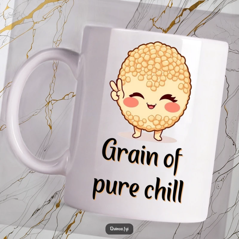 Funny mug displays a single, highlighted quinoa grain winking and flashing a peace sign with its tiny appendages.