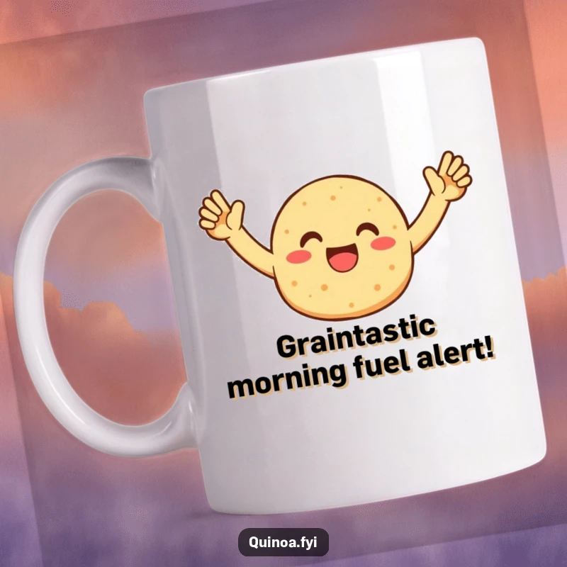 Funny mug featuring an enthusiastic quinoa patty character with arms raised in celebration, conveying pure joy and foodie delight.