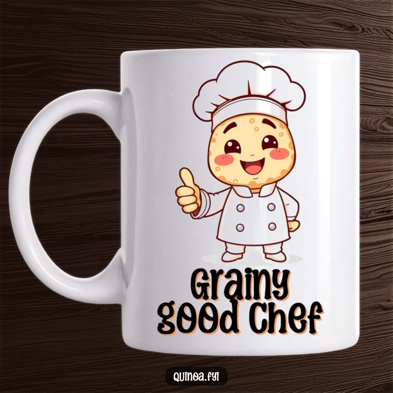 Funny quinoa chef mug with a smiling chef character made entirely of quinoa, giving a positive thumbs up.