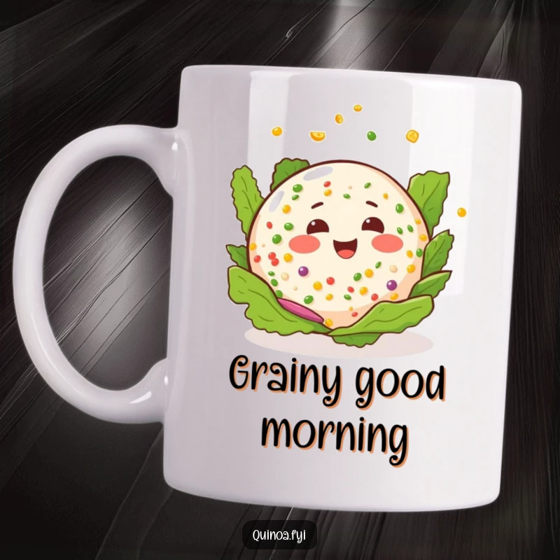 Funny quinoa salad mug showcasing a happy salad with a cheerful expression, playfully spinning around.