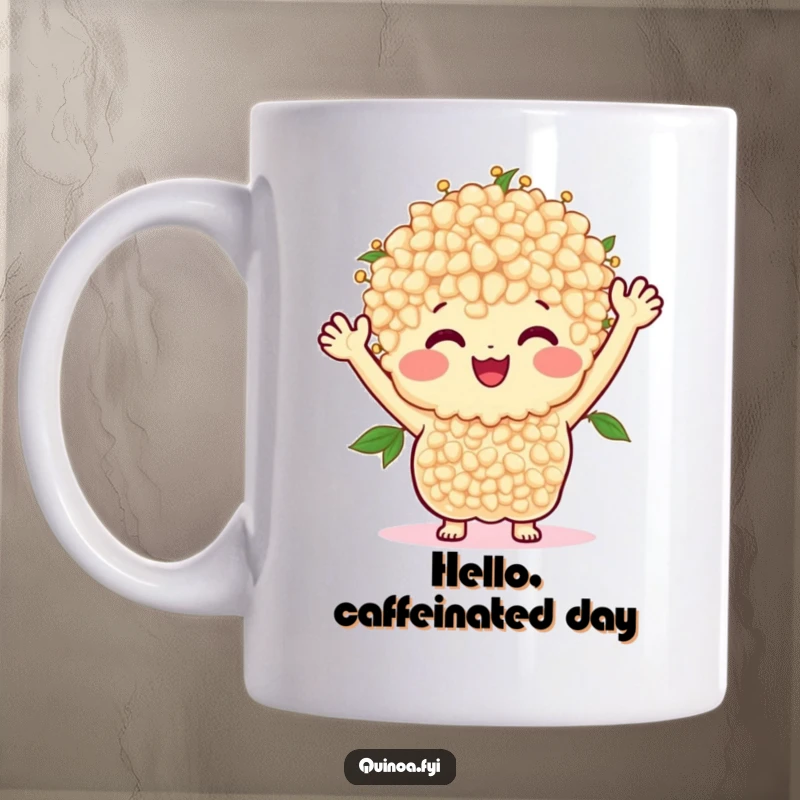 Funny mug art of a smiling bunch of quinoa with little arms waving happily, exuding warmth and friendliness.