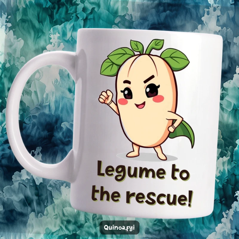 Funny mug featuring a winking anthropomorphic legume striking a confident superhero pose, ready to save the day with a smile.