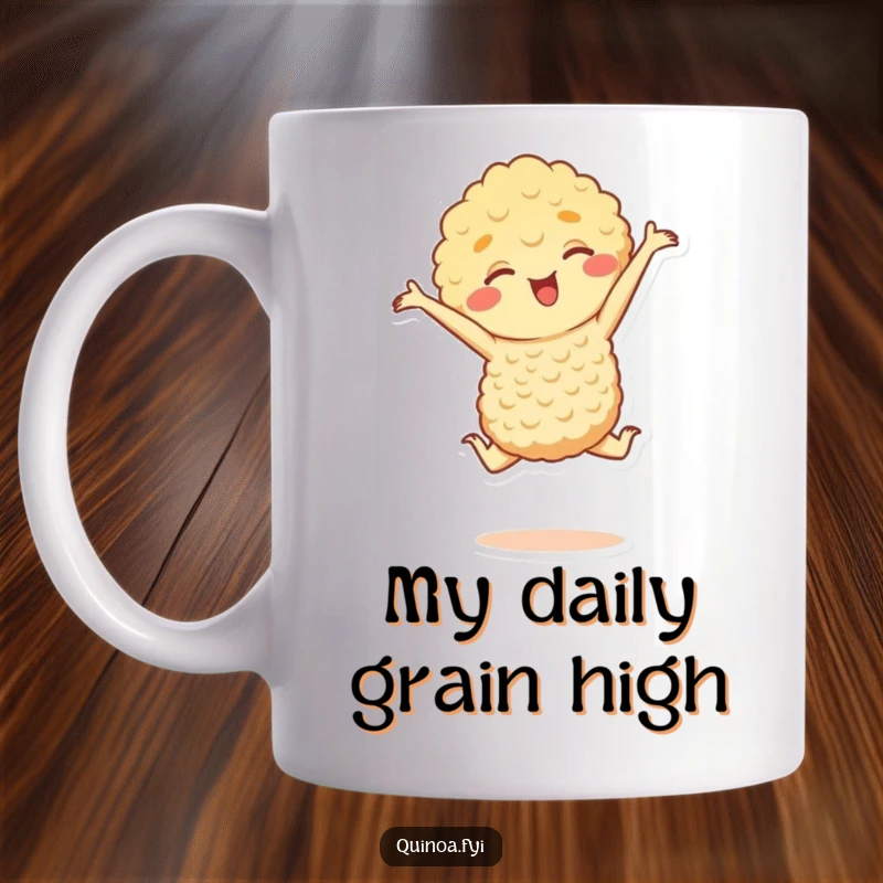 Funny mug featuring a cheerful quinoa character leaping gracefully, embodying fitness and joy, making it a smile-inducing gift.