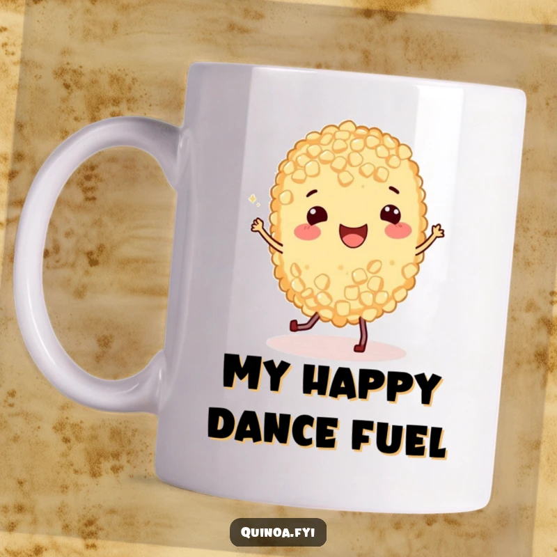 Funny Mug featuring a happy quinoa grain with little legs joyfully dancing a jig, radiating pure, unadulterated fun.