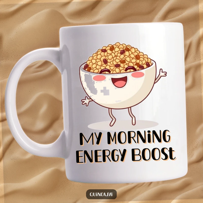 Funny Quinoa Mug: A smiling anthropomorphic bowl of quinoa with legs joyfully dancing the jig, spreading laughter and foodie cheer.