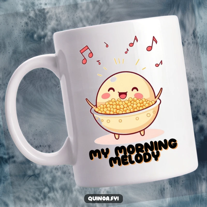 Funny beaming, anthropomorphic quinoa dish with musical notes floating, joyfully singing a tune to celebrate delicious, healthy cuisine.