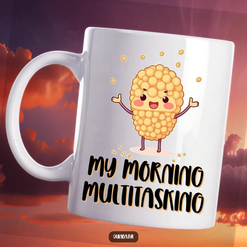 Funny mug with a quinoa cluster juggling tiny grains, a humorous and energetic design for foodies and multitaskers, a great gift.