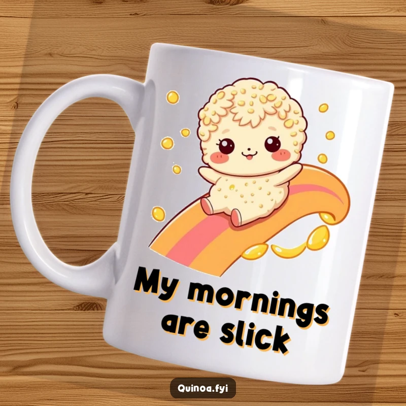 Funny quinoa character hilariously sliding down a vibrant rainbow made of oil on a ceramic mug, perfect for coffee lovers.