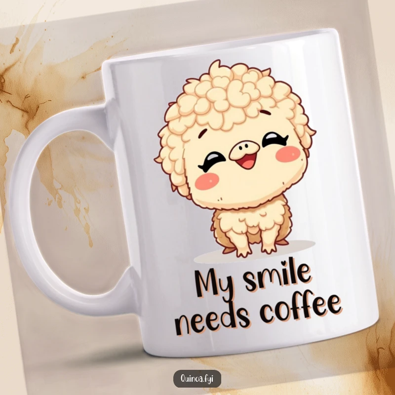 Funny mug showcasing a giggling quinoa creature with a very large, excited smile, radiating unrestrained happiness and amusement.