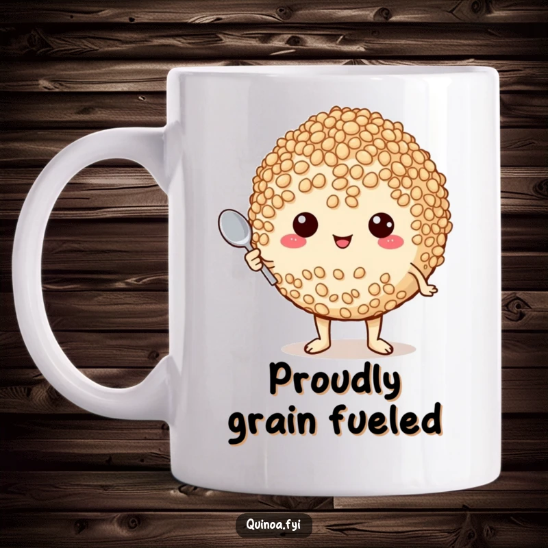 Funny mug showing a plump, proud quinoa character puffing up with self-satisfaction while holding a tiny spoon, ready to cook.