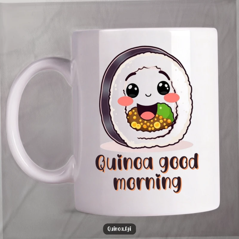 Funny Sushi Quinoa Roll Mug featuring a happy character with quinoa filling, giving a big smile, a humorous gift.